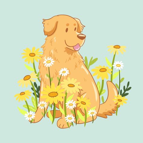 Cute golden retriever dog with daisy flowers Sticker Decorate and personalize laptops, windows, and more Removable, kiss-cut vinyl stickers Super durable and water-resistant 1/8 inch (3.2mm) white border around each design Matte finish Dog And Flowers Illustration, Dog With Flowers Drawing, Kawaii Golden Retriever, Pet Commissions, Cartoon Goldfish, Golden Retriever Illustration, Daisy Illustration, Ginger Cat Art, Golden Retriever Drawing