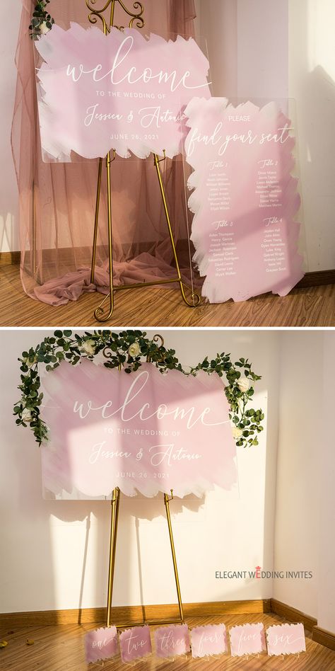 Pink Wedding Diy Decor, Pink Gift Table, Pink Acrylic Welcome Sign, Wedding Decorations Blush Pink, Pink Encouraged Wedding Guest, Pink Acrylic Wedding Sign, Blush Pink And Blue Wedding Decor, Blush Pink Reception Decor, Wedding Signs Pink