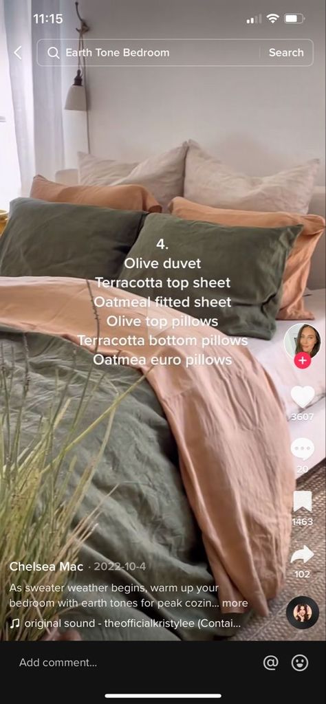 Olive And Sage Bedding, Sheets With Green Comforter, Earthy Green Bedding, Bedding Ideas Earthy, Green Bed Comforter Ideas, Neutral Bedroom With Terracotta, Tera Cotta Bedding, Earth Vibes Room, Olive Comforter Bedroom Ideas