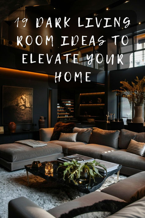 Curious about dark living room designs? Click here for 19 stunning ideas that will transform your space into an elegant, moody oasis. Embrace the darker tones for a dramatic and cozy atmosphere! 🌑🛋️🖤 #DarkDecor #LivingRoomInspiration #ElegantInteriors #MoodyVibes #HomeStyle Men’s Modern Living Room, Dark Cosy Living Room Ideas, Masculine Interior Design Living Room, Dark Gray Living Room Ideas, Cozy Moody Living Room, Dark Living Room Designs, Dark Decor Ideas, Dark Living Room Aesthetic, Cozy Library Room Ideas