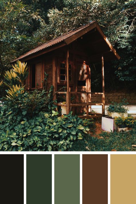 Brown and green palette.Cabin in the Forest: This image of a rustic wooden cabin surrounded by lush green foliage and dark earthy browns evokes a sense of tranquility and nature's beauty. Camping Colors Palette, Earth Tones Color Scheme, Cabincore Color Palette, Green House Palette, Wood Color Pallete, Dark Green And Brown Color Palette, Green And Brown Office, Brown And Green House, Forest Green Color Combinations