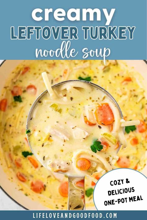 Creamy Turkey Noodle Soup is a great way to turn your leftovers into a hearty, comforting soup! As mentioned, you can use leftover turkey from a holiday feast, turkey from another dinner, or even chicken breasts, rotisserie chicken, or other cooked meats you have on hand. Soup Recipes Turkey Meat, Turkey Noodle Soup Instant Pot, Hearty Turkey Soup, Turkey Soup With Dumplings, Soup Leftover Turkey, Creamy Turkey Soup Recipes, Creamy Turkey Soup Crockpot, Rotisserie Turkey Recipes, Turkey Noodle Soup Homemade Crockpot