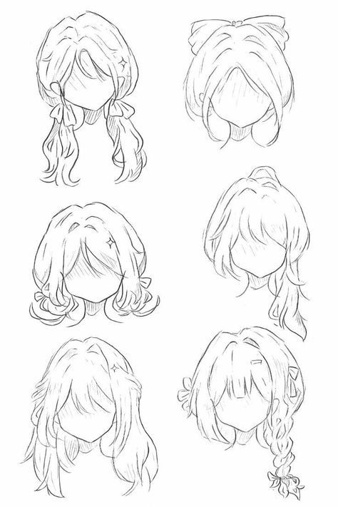 Cute Hairstyle Reference, Cute Hair Sketch, Long Hair Styles Drawing Reference, Hair Poses Drawing, Hairstyle For Drawing, Hair Styles Anime Drawing, Hair Reference Drawing Girl, Hairstyles Women Drawing, How To Draw Anime Hair Step By Step