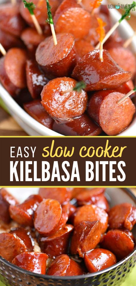 Keilbasa Recipes Pasta, Turkey Kielbasa Recipes, Crockpot Potluck, Recipes Pasta Salad, Crockpot Party Food, Kielbasa Bites, Turkey Kielbasa, Recipes Hamburger, Slow Cooker Kielbasa