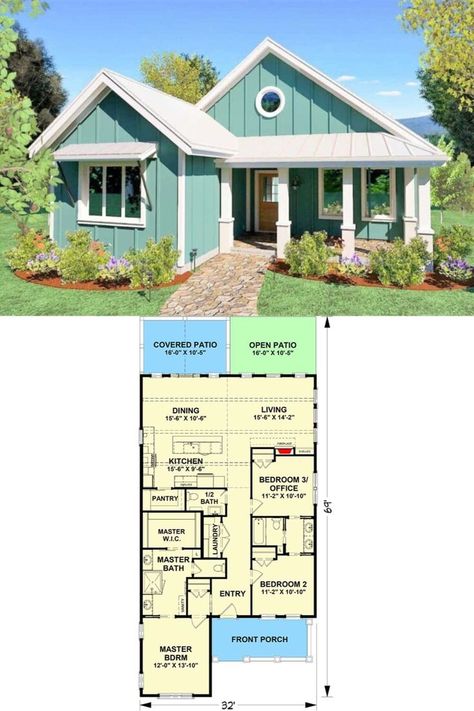 3-Bedroom Single-Story Country Cottage for a Narrow Lot with Open Concept Living (Floor Plan) Cozy Cottagecore House, Cottagecore House Plans, Suite Floor Plan, Master Suite Floor Plan, Open Concept House Plans, Country Cottage House Plans, Cottage Floor Plan, Beach House Flooring, 3 Bedroom Floor Plan