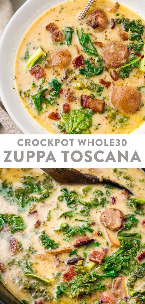 Crockpot Whole 30, Healthy Zuppa Toscana, Crockpot Zuppa Toscana, Whole 30 Crockpot Recipes, Whole30 Crockpot, Toscana Recipe, Paleo Slow Cooker, Toscana Soup, Recipe Soup