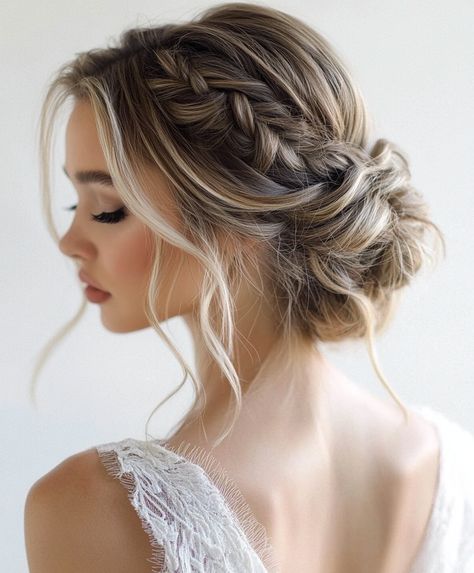 🌺 Effortless Braided Bun Bridal Hair Glamorous Braids Updo Hairstyle Bridesmaid Updo For Long Hair Braid, Cute Bridesmaid Hairstyles Up Dos, Updo With French Braid, Hair Up Bridesmaid Styles, Up Dos For Wedding Bridesmaid, Undone Updo Wedding, Braided Bun Wedding Hair, Maid Of Honor Hair Updo, Braided Updo For Wedding