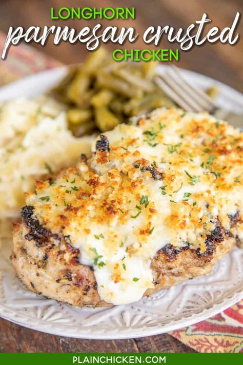 Garlic Parmesan Crusted Chicken, Longhorn Parmesan Crusted Chicken, Parmesan Crusted Chicken Recipe, Recipe Copycat, Crusted Chicken Recipes, Ranch Sauce, Longhorn Steakhouse, Creamy Ranch, Plain Chicken