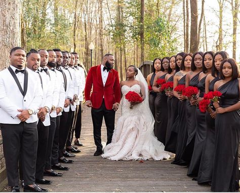 Black Bride™ on Instagram: “A beautiful bridal party captured in perfect formation!! . . . . Repost from @j.mccoyphotography - The Wedding Party dropped all egos and…” Red And Gold Bridal Party, Mr And Mrs Smith Wedding Theme, Small Low Budget Wedding Ideas, 007 Wedding Theme, Different Style Wedding Dresses, Black Wedding Pictures, Summer Wedding Party Attire, Red Groomsmen Attire, Wedding Color Schemes Black People