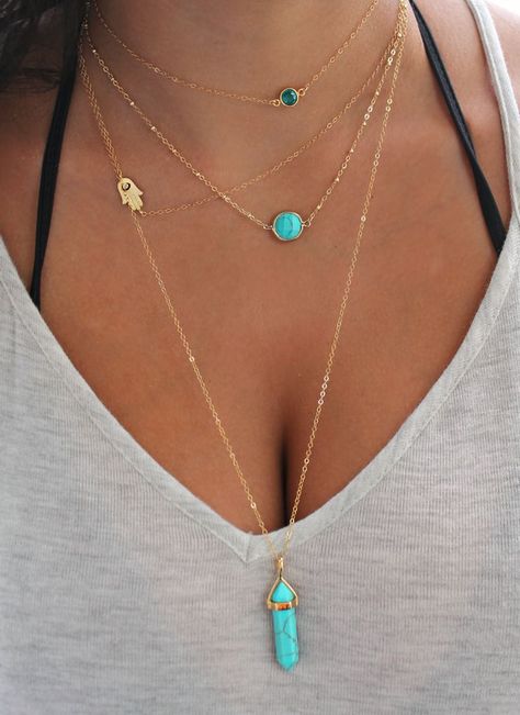 Necklaces Swarovski, Turquoise Necklaces, Bijoux Art Nouveau, Ethno Style, Delicate Necklaces, Accesories Jewelry, Necklaces Gold, Gold Necklace Layered, Swarovski Jewelry