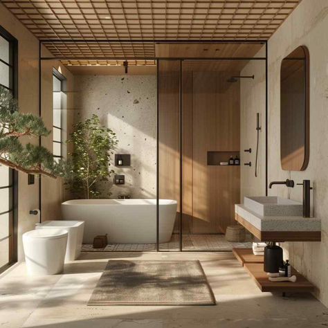 29 Serene Bathroom Ideas Infused with Japandi Design Elements Modern Minimalist Scandinavian Interior, Cozy Scandinavian Bathroom, Japanese Bathroom Aesthetic, Japandi Washroom, Master Toilet Design Modern, Aesthetic Washroom, Japanese Minimalist Interior, Japandi Villa, Japanese Inspired House