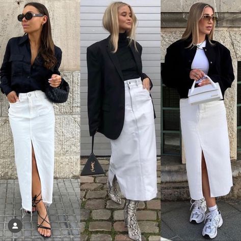 White Skirt Sneakers Outfit, White Denim Skirt Outfit Winter, Denim White Skirt Outfit, White Denim Midi Skirt Outfit, Long White Denim Skirt Outfit, Long White Denim Skirt, White Jean Skirt Outfit, White Denim Skirt Outfit, Long Denim Skirt Outfit