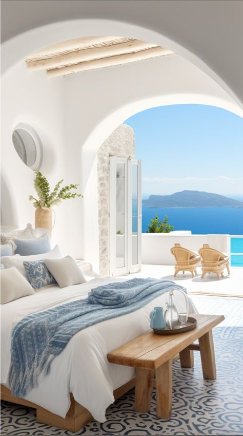 With less than 30 days left in Summer, we've dreamed up this beautiful Greek Villa.

Comment 🇬🇷 if you'd stay here!

#ari #amyrebekahinteriors #summer #greece #summervibes #summerhouse #greekhouse #greeksummer #summeringreece #summerinspiration #ai #aipicture #interiordesign #dreamhouse #vacation #summertime #blue #whiteinteriors #wood #pooltime #ocean Santorini Villa Interior, Summer Beach House Interior, Greek Styled Bedroom, Mykonos Decor Interiors, Bedroom Greek Style, Santorini Style Bedroom, Greek Blue Bedroom, Greek Style Room Bedrooms, Greece Room Ideas