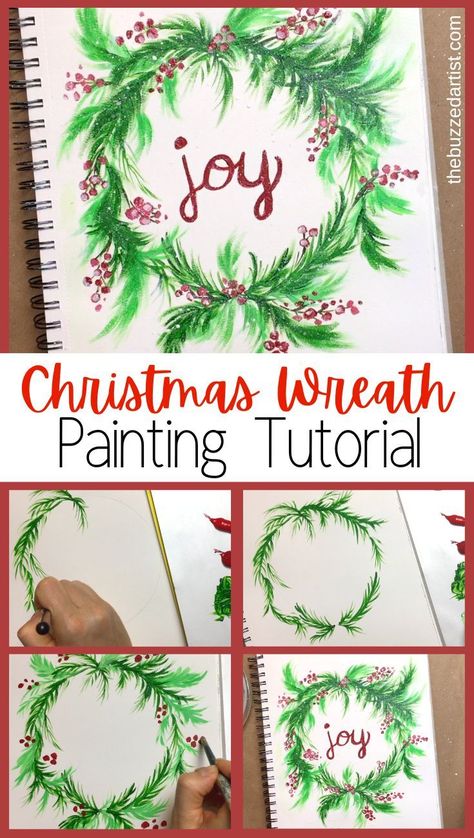 How To Paint A Wreath On Wood, Christmas Art Painting Acrylic Tutorial, Acrylic Painting Cards, How To Paint A Christmas Wreath, Christmas Canvas Paintings Easy Diy, How To Paint A Wreath, Acrylic Paint Cards Ideas, Christmas Wreath Painting Acrylic, Christmas Acrylic Painting Easy