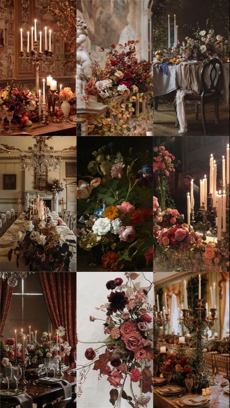 Vintage Ball Aesthetic, Baroque Wedding Flowers, Soft Fall Wedding Flowers, Edgy Romantic Aesthetic, Moody Wedding Theme Ideas, Spring Wedding Dark Colors, Baroque Italian Wedding, Moody Bridgerton Wedding, Wedding Victorian Theme