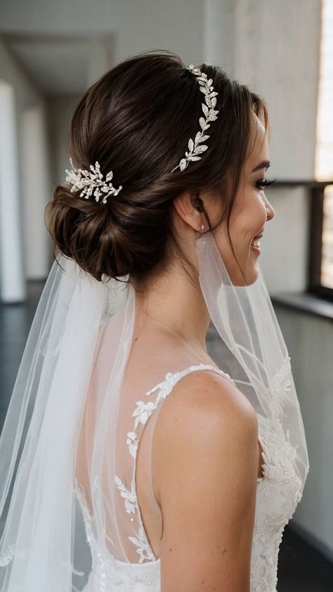 Wedding Veil With Hair Piece, Tiara Wedding Hair Updo, Wedding Hairstyles Updo Short Hair, Bridal Hair Updo With Headband, Wedding Hair Veil Updo, Wedding Hair With A Veil, Wedding Updo With Veil Underneath, Wedding Hairstyles For Asian Hair, Bridal Updo Veil