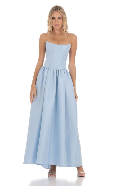 Strapless Corset Gown in Blue Strapless Floor Length Dress, Corset Wedding Guest Outfit, Provence Wedding Guest Dress, Low Back Bridesmaid Dress, Baby Blue Cocktail Dress, Sky Blue Bridesmaids Dresses, Light Blue Maid Of Honor Dress, Ethereal Bridesmaid Dress, Italian Bridesmaid Dresses