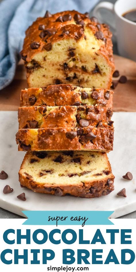 Make this Chocolate Chip Bread this weekend! It is so easy to make with no kneading and no rising. This is the perfect quick bread. Chocolate Chip Breakfast Bread, Easy Chocolate Chip Bread Loaf, Cinnamon Chocolate Chip Bread, Quick Sweet Breads, Chocolate Chip Yeast Bread, Chocolate Chip Quick Bread Recipes, Easy Fun Bread Recipes, Easy Chocolate Chip Bread, Choc Chip Bread Recipe