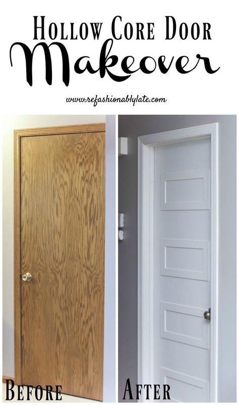 Give your old hollow core doors a makeover!  Add O'verlays to the front and back and then paint them!  A great way to update a space on a budget! | refashionablylate@gmail.com #DIY #doormakeover #overlays #hollowcoredoors #whitedoor #zurichwhite #schlage Hollow Core Door Makeover, Interior Door Makeover, Hollow Core Door, Diy Interior Doors, Door Makeover Diy, Closet Door Makeover, Hollow Core Doors, Diy Makeover, Door Makeover