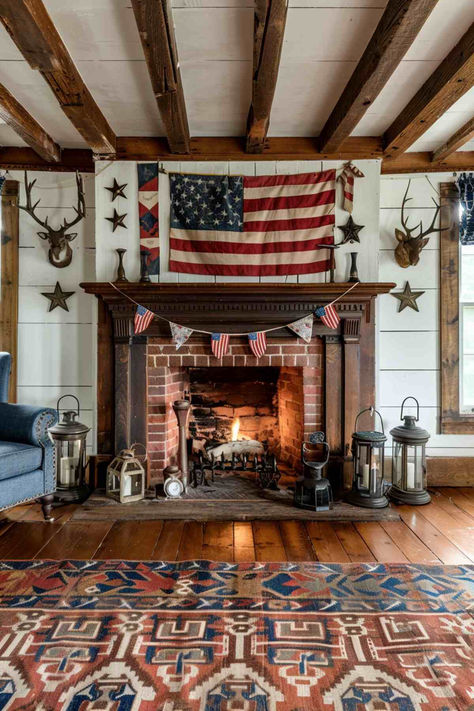 40 Rustic Patriotic Mantel Decor Ideas Americana Living Rooms Farmhouse, Old West Home Decor, Red White And Blue Living Room, Modern Americana Decor, Patriotic Living Room, Washrooms Ideas, Old English Home, Americana Room, Americana Living Rooms