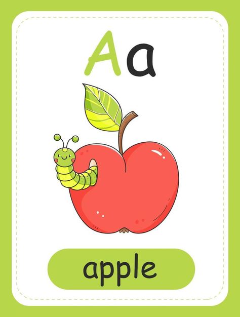 Alphabet card for children with the letter A and an apple with caterpillar. Educational card for kids. The word apple, the English alphabet. Vector illustration. A Apple Letter, Abcd For Kids, Letter A Clipart, Alphabet In English, English Alphabet For Kids, Abc Lettering, Abc Cartoon, Abc Illustration, Apple Word