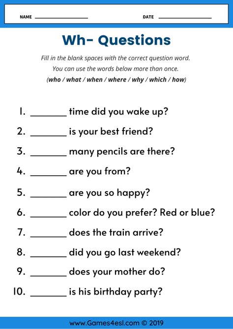 An ESL Worksheet To practice Wh questions including who, what, when, where, why, which, and how. Esl Who What When Where Why, Where Questions Worksheet, Who When Where Wh Questions, Question Sentences Worksheets, When Where Who What, What Where Who Worksheet, What When Where Worksheet, Who What Where Worksheets, Where When Why How