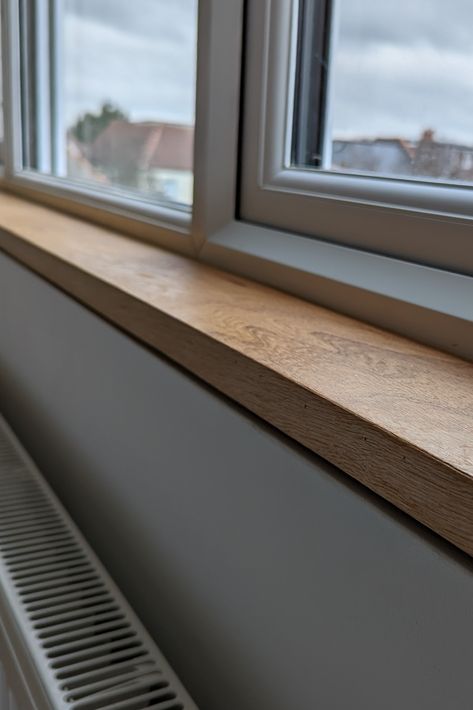 Natural Wood Window Sill, White Oak Window Sill, Shadow Gap Detail, Window Sill Ideas, Window Sill Desk, Oak Window Sill, Deep Window Sill, Wooden Window Sill, Wood Window Sill