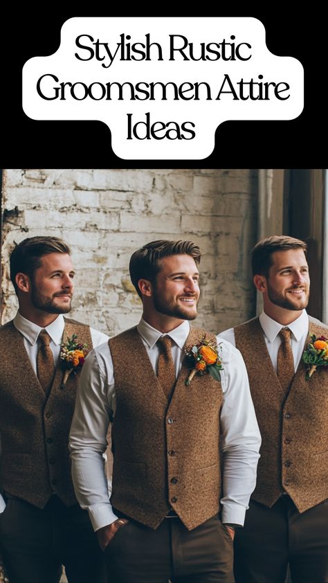 Rustic groomsmen attire with earthy tones and vests for a Thanksgiving wedding Fall Western Groomsmen Attire, Rust Bridesmaid Dresses With Groomsmen, Brown Suits For Groomsmen, Groomsmen Attire Simple, Fall Wedding Suit Colors, Rustic Wedding Groomsmen Attire, Autumn Groomsmen Attire, Camo Groomsmen Attire, Grooms Attire Rustic