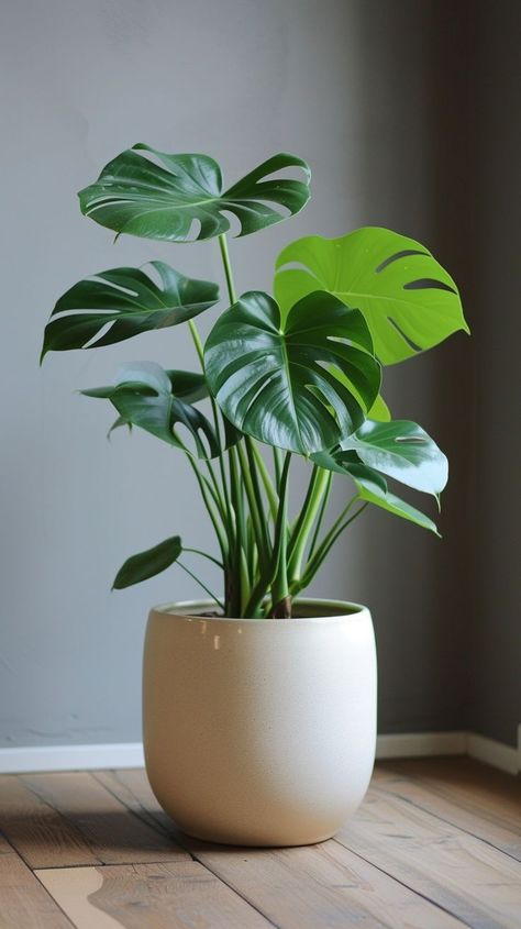 Lush monstera plant in stylish beige pot, indoor plant decor, green split-patterned leaves, tranquil home ambiance Plant In House Decor, Indoor Plants Monstera, House Plants Photography, Common House Plants Pictures, Plant Pot Photography, Monstera In Bedroom, Green And White Plants, Indoor Monstera Plant, Big Pot Plants