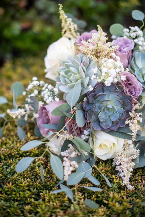 Purple And Eucalyptus Bouquet, Purple Succulent Bouquet, Lavender And Succulent Wedding, Succulent Flower Bouquet, Purple And Eucalyptus Wedding, Pastel Purple And Green Wedding, Purple Hydrangea Bouquet Wedding, Lilac And Forest Green Wedding, Green And Purple Wedding Theme