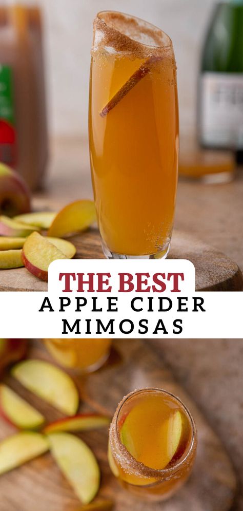 This easy and delicious apple cider mimosas recipe is made with sparkling wine, apple juice, or spiced apple cider and decorated with the most delicious cinnamon sugar rim. It is perfect for NYE, brunch, or just when you are having people over and want to elevate the experience. Apple Mimosa Cider, Wine Mimosa Recipe, Apple Beverage Recipes, Cinnamon Apple Mimosa, Apple Pie Mimosa, Fall Prosecco Cocktails, Autumn Mimosa, Nye Brunch, Cider Mimosa Recipe