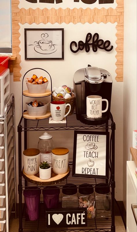 High School Classroom Coffee Bar, Staff Room Coffee Station, Break Room Coffee Station, Cozy School Office Ideas, Daycare Break Room Ideas, Coffee Station Classroom, Coffee Bar Ideas At Work, Coffee Station Work Offices, Coffee Room Decor