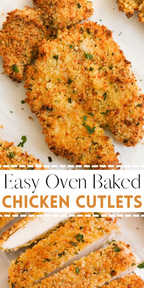 Quick, crispy, and packed with protein, these Breaded & Baked Chicken Cutlets are about to become your favorite weeknight kitchen trick. In just 40 minutes, you’ll have a tray of tender, golden-brown, healthy chicken cutlets ready to serve with your favorite sides or as yummy add-ons for salad, pasta, or sandwiches. Chicken Cutlet Recipes Baked, Oven Baked Chicken Cutlets, Baked Breaded Chicken Breast, Baked Chicken Cutlets, Crispy Chicken Breast, Easy Oven Baked Chicken, Fried Chicken Cutlets, Breaded Chicken Recipes, Chicken Cutlet Recipes