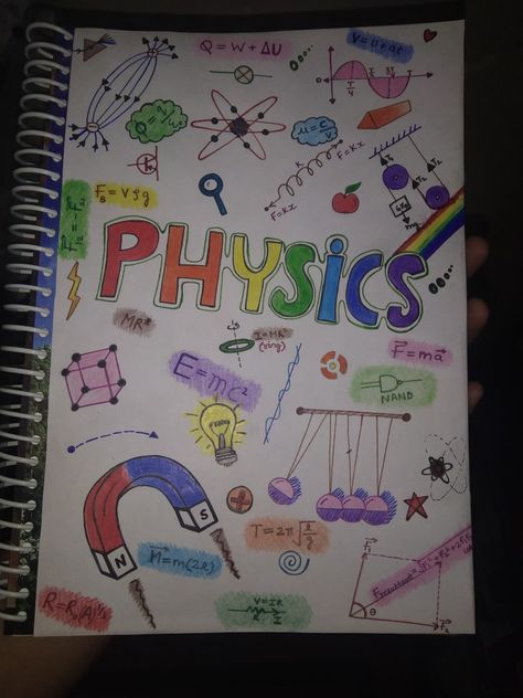 Physics science chemistry biology art doodle doodling colour cover page Physical Portfolio Design Ideas, Coverpage Ideas For Physics, Term 1 Cover Page Ideas Aesthetic, Doodles For Project Work, Physics Project Cover Page Ideas Aesthetic, Physics Binder Cover, Physics Practical File Cover, Physics Notebook Design, Physics Project Decoration Ideas