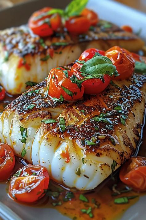 Pan Seared Cod In White Wine Tomato Basil Sauce, Fish With Cherry Tomatoes, White Fish With Tomatoes, Cod In Tomato Basil Sauce, Entree Food Ideas, Pan Seared Cod With Tomato Basil Sauce, Pan Seared Cod In White Wine Tomato, Tuscan Cod Recipe, Summer Cod Recipes