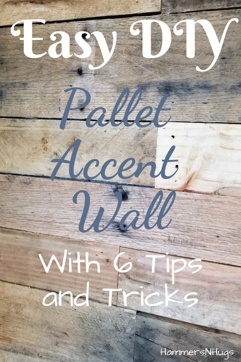 Easy DIY Pallet Accent Wall | Hammers N Hugs Pallet Board Wall Diy, Diy Pallet Accent Wall, Pallet Boards Wall, Using Pallets On Walls, Pallet Wood Feature Wall, Pallet Garage Wall, Skid Wood Wall, Pallet Half Wall, Whitewash Pallet Wall