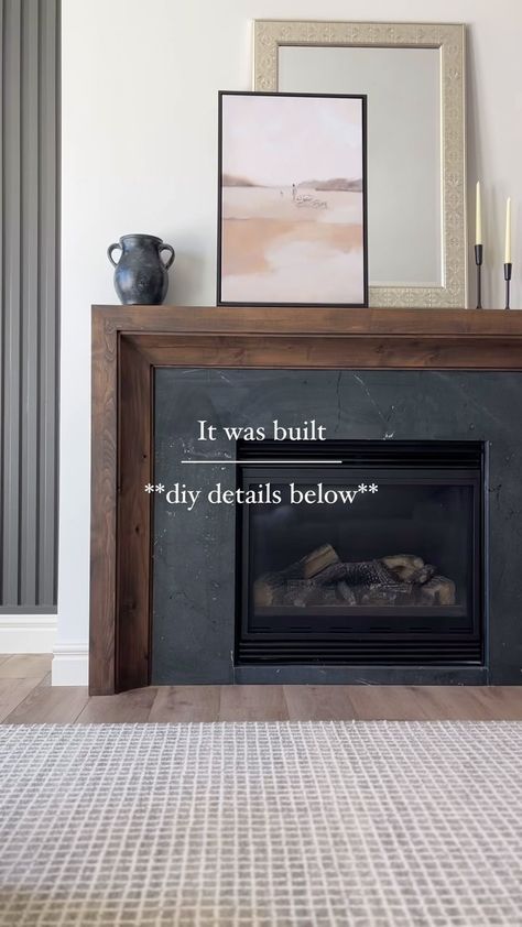 Andrea Nelson | Home Decor | Interior Decorating | How to DIY our fireplace mantle ⤵️ I get messages from people requesting the link to our mantle regularly. It’s custom built by... | Instagram Diy Fire Mantel, Builder Fireplace Upgrade, Yellow Tile Fireplace, Modern Fireplace And Tv Wall Ideas, Stained Fireplace Mantle, Raw Edge Mantle, Fireplace Surrounds Ideas, Art Tv Over Fireplace, Mantel Without Fireplace Ideas