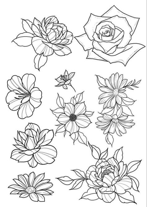 Multiple Flower Tattoo Design, Flower Stencils Tattoo, Floral Tattoo Flash Sheet, Tattoo Designs To Practice, Flower Tattoo Drawings Simple, Linework Tattoo Design Ideas, Floral Tattoo Linework, Floral Stencil Tattoo, Botanical Tattoo Stencil