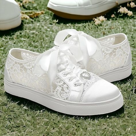 Category:Wedding Shoes,Sneakers; Upper Materials:Lace,Satin; Lining Materials:Synthetic Leather; Embellishment:Rhinestone,Satin Flower,Lace-up; Season:Spring,Summer; Heel Type:Flat Heel; Gender:Women's; Toe Shape:Round Toe; Type:Bridal Shoes; Style:Casual,Comfort,Cute; Heel Height(inch):<1; Outsole Materials:Rubber; Occasion:Party; Closure Type:Lace-up; Listing Date:03/20/2024; Foot Length:null; Foot Width:null Bridal Flat Shoes, Comfortable Wedding Heels, Earth Wedding, Comfortable Wedding Shoes, Wedding Shoes Sneakers, South Wedding, Ribbon Laces, Wedding Shoes Comfortable, Wedding Sneakers