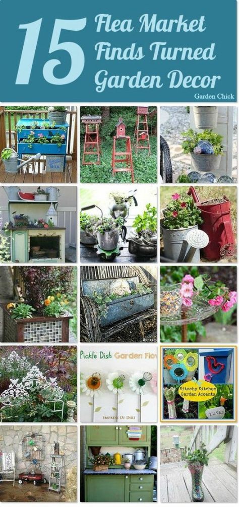 Flea Market Finds Turned Garden Decor Diy Garden Art Ideas, Flea Market Gardening, Diy Garden Art, Garden Art Ideas, Flea Market Decorating, Garden Junk, Recycled Garden, Diy Yard, Garden Yard Ideas