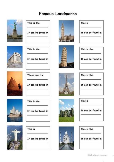 This is a fun worksheet about different famous landmarks from around the world. Students have to name the landmark and the place it is located in. World Landmarks Printables, Geography Worksheets, Geography For Kids, History Worksheets, Sistem Solar, World Of Wonder, Les Continents, Famous Buildings, World Geography