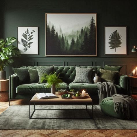 Forest Green Dark Green Living Room Olive Green Throw Pillows Green Living Room Color Scheme, Green Couch Living Room, Dark Green Living Room, Green Living Room, Living Room Color Schemes, Green Walls, Green Sofa, Eclectic Living Room, Living Room Green