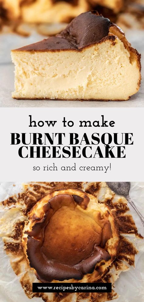 Basque Burnt Cheesecake Recipes, Vegan Burnt Basque Cheesecake, Original New York Cheesecake, Bask Cheesecake Recipe, Burn Basque Cheesecake, Bisque Cheesecake, Mini Basque Burnt Cheesecake, Oven Baked Cheesecake, Blueberry Basque Cheesecake