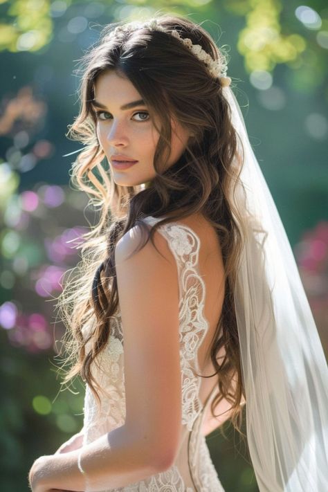 25 Stunning Wedding Hairstyles for Long Hair With Veils Bridal Hair With Veil Over Face, Goddess Bridal Hair, Bride Flower Crown With Veil, Long Hair Down Styles Wedding, Wedding Curtain Bangs, Hair Down Long Veil, Bridal Hair Long With Veil, Bridal Hair Down With Veil And Tiara, Hairstyle For The Bride