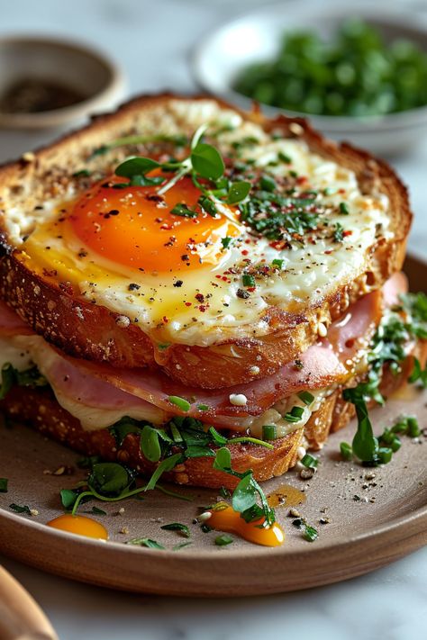 Indulge in a gourmet, gluten-free twist on the classic French Croque Madame. This delicious sandwich features layers of savory ham, melted Gruyère cheese, and a creamy béchamel sauce, topped with a perfectly cooked egg. It's a hearty and satisfying meal that adheres to the Whole Health Flexi-Plan diet, ensuring you enjoy classic flavors without the gluten. Sandwich Melt, Gourmet Foods, Sandwich With Egg, Sandwich Gourmet, Gourmet Brunch, Delicious Savory Food, Egg Cheese Sandwich, Eggs Sandwich, Breakfast Ideas Fancy