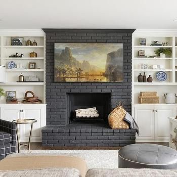 Black Brick Fireplace, White Built Ins, Bria Hammel, Vermont House, Red Brick Fireplaces, White Brick Fireplace, Tv Over Fireplace, Brick Hearth, Painted Brick Fireplace