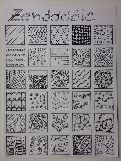 Zen Doodle pattern ideas Squiggly Doodles, Zen Tangle Patterns Easy, Simple Zentangle Patterns, Easy Zentangle Patterns, Easy Zentangle, Pattern Design Drawing, Zen Doodle Patterns, Zentangle Artwork, Zen Doodle Art