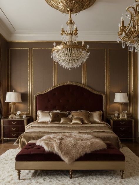 Bring an opulent touch to your bedroom aesthetic with a velvet tufted headboard, antique brass accents, and a plush faux fur rug. Complete the look with a crystal chandelier and rich, mahogany furniture for that old money charm. Velvet Tufted Headboard, Bedroom Ideas For Small Rooms Diy, Victorian Bedroom, Style Essentials, Smart Home Design, Luxury Bedroom Master, Classic Bedroom, Bed Furniture Design, Dream House Interior