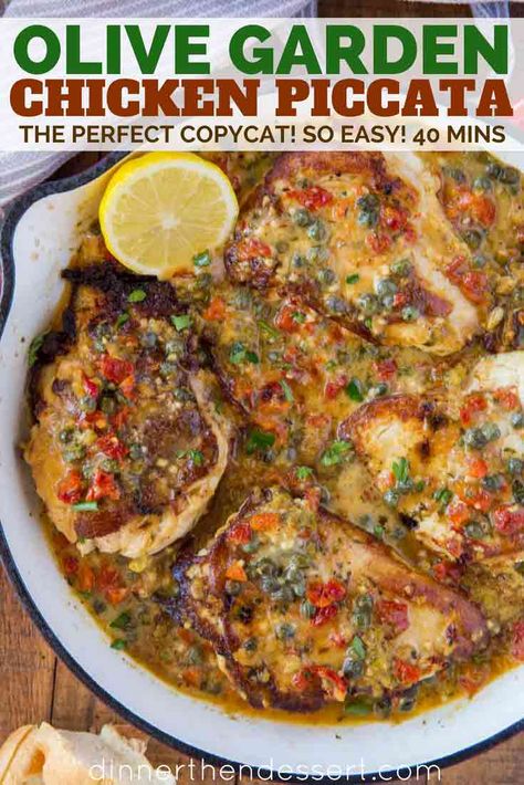 Olive Garden's Chicken Piccata is a delicious take on the classic with butter, lemon, capers, sun dried tomatoes and heavy cream. You won't miss the restaurant version! | #chickenpiccata #olivegarden #olivegardencopycat #copycatrecipes #copycat #dinnerthendessert #chicken #chickenrecipes #copycatchickenrecipes #capers #buttersauce #italianfood #italianrecipes Chicken Piccata With Capers, Olive Garden Chicken, Capers Chicken, Chicken Piccata Recipe, Olive Garden Recipes, Lemon Butter Chicken, Friends Recipes, Copy Cats, Healthy Chicken Dinner