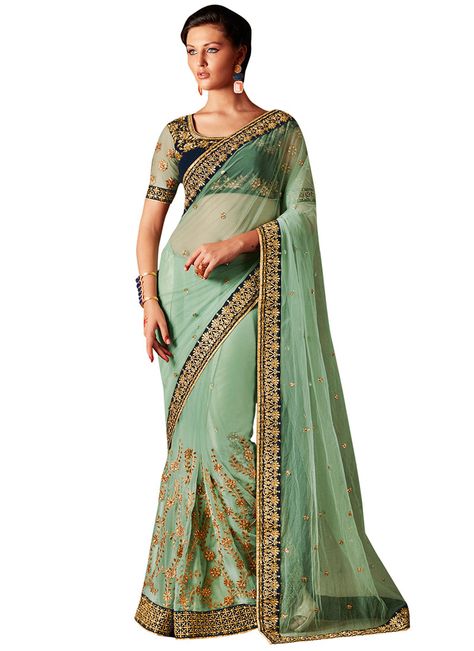 Sea Green Net Border Saree Party Sarees, Wedding Saree Indian, Green Saree, Net Saree, Fancy Blouses, Embroidered Wedding, Green Sequins, Traditional Sarees, Indian Ethnic Wear